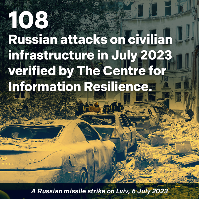 FCDOGovUK's tweet photo. The Kremlin continues to attack civilians in Ukraine, despite claiming it only targets military sites.

@Cen4infoRes used open-source data to verify 108 attacks on civilian infrastructure in July alone.

See the research yourself ↓