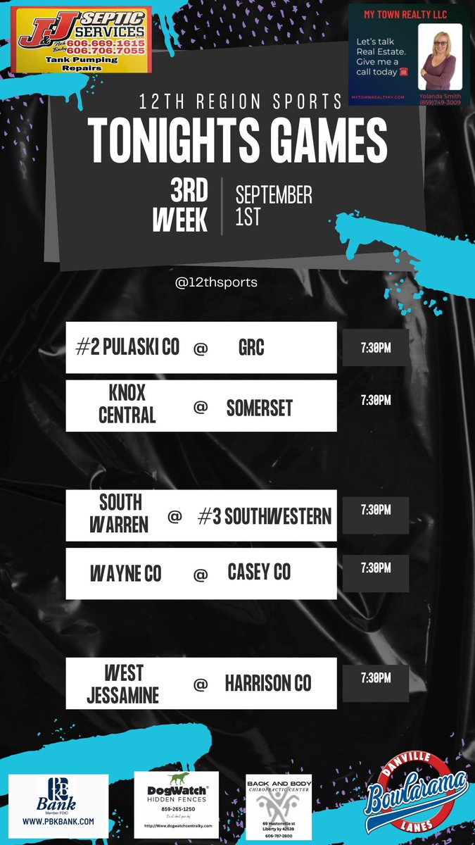 12th Region Sports Network (@12thsports) on Twitter photo 💥Tonight’s Game Schedule💥
<a href="/12thSports/">12th Region Sports Network</a> will be heading to Liberty for the Matchup between <a href="/waynecofb/">Wayne County Football</a> and <a href="/CCHSREBSFB/">Casey County Rebel Football</a> in our Highlight Game of the Week Sponsored by Back and Body Chiropractic 💥Tonight’s Game Schedule💥
<a href="/12thSports/">12th Region Sports Network</a> will be heading to Liberty for the Matchup between <a href="/waynecofb/">Wayne County Football</a> and <a href="/CCHSREBSFB/">Casey County Rebel Football</a> in our Highlight Game of the Week Sponsored by Back and Body Chiropractic
