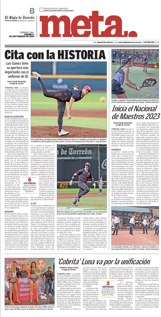 Cita con la historia: Algodoneros del Unión Laguna miden fuerzas con los Tecolotes de los Dos Laredos. 
Luis Gamez tiene su apertura más importante con el uniforme de Unión Laguna 

elsiglodetorreon.com.mx/noticia/2023/c…