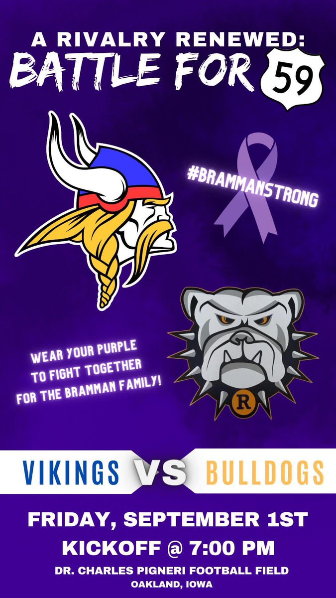 🔵🔴FOOTBALL GAME DAY🔴 🔵 
✨Battle for 5️⃣9️⃣🚦
📍Riverside
⏰7:00
Theme: Purple Out 💜💜
Attendance is MANDATORY