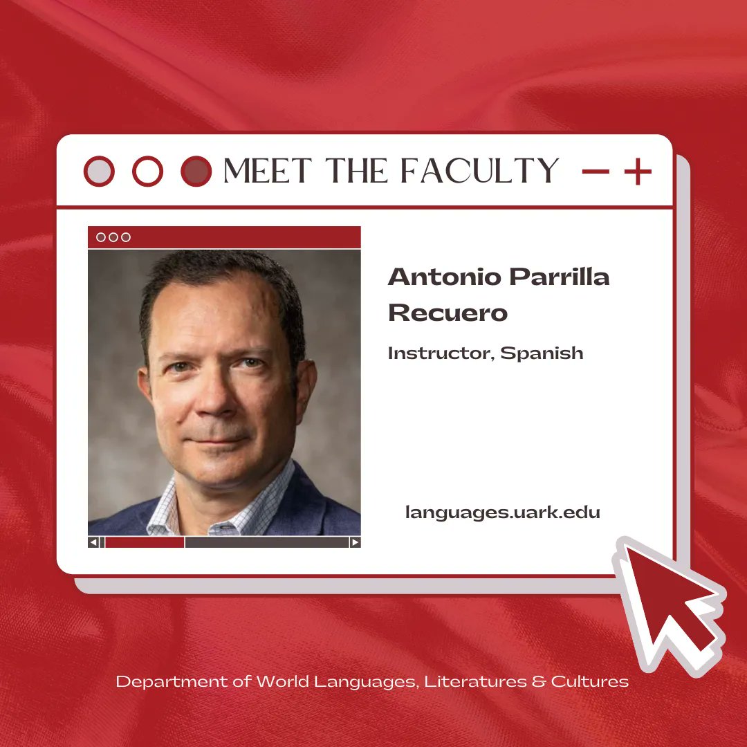 Happy Friday, Razorbacks! 🐗 

Today on #MeetTheFaculty, meet Spanish Instructor Antonio Parrilla Recuero. Parilla Recuero is originally from Spain and he teaches Spanish language and literature courses.

#worldlanguages #digitalhumanities #spanish #spanishculture