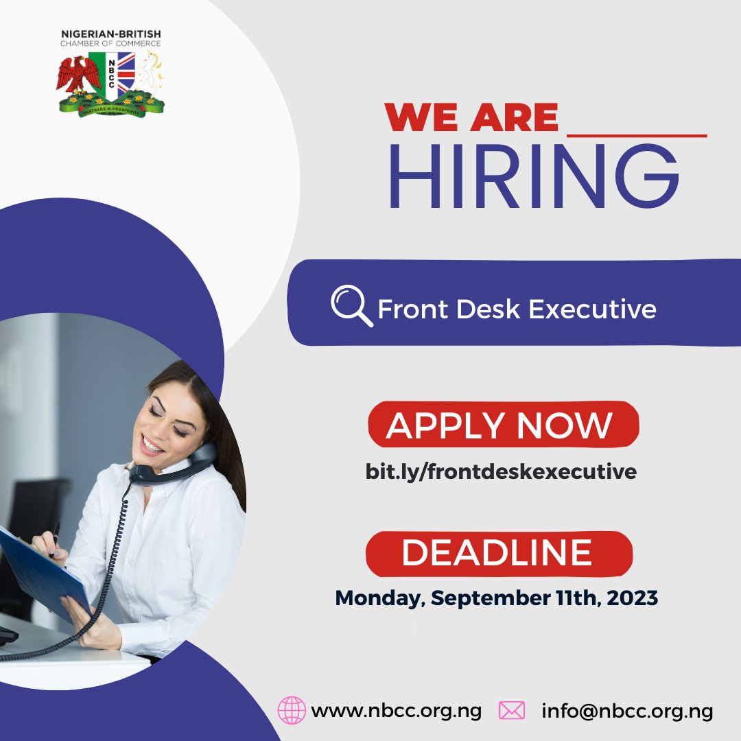 We are Hiring!
 
 Applications are still open for qualified candidates for the role of Front Desk Executive
 
 Interested applicants are to apply via the application link: bit.ly/frontdeskexecu…

 Application Deadline: Monday, September 11, 2023.
 
 #recruitment
#frontdesk