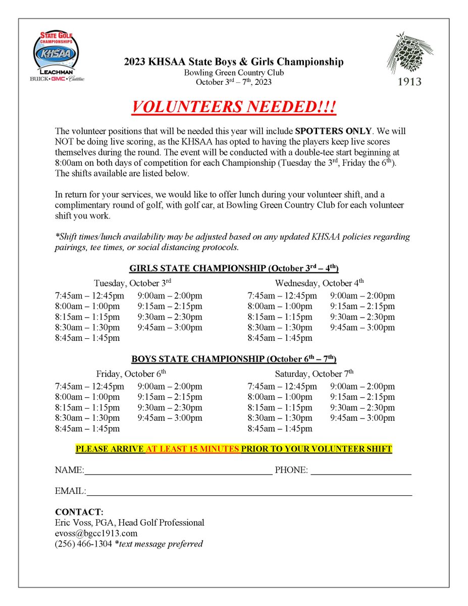 PE and/or Athletic Coaching students! Volunteer opportunity (field hours) for State Golf Tournament.