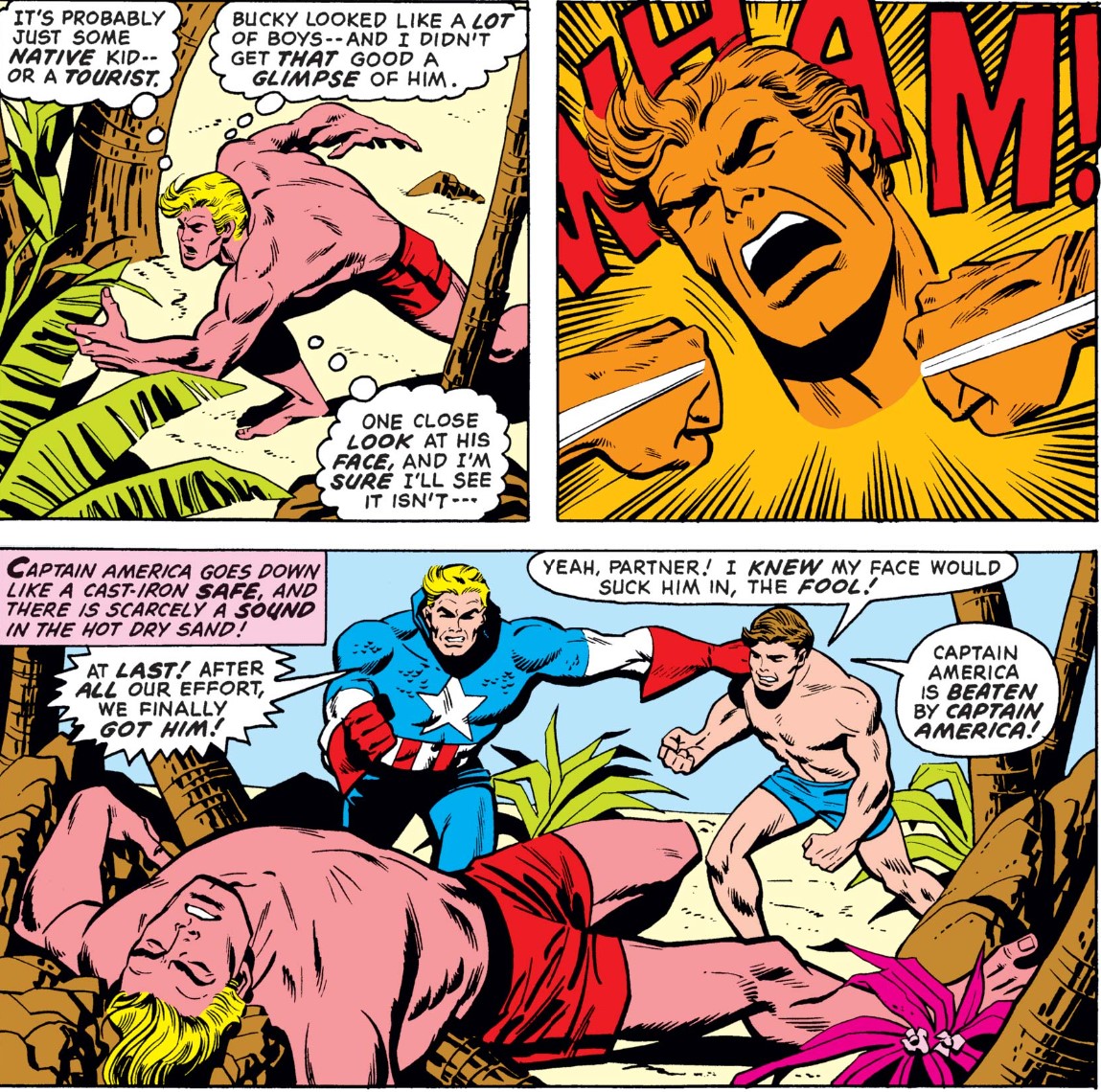 MarvelADay's tweet image. #MarvelADay #Cap155
Steve sees a lad who looks just like Bucky and gives chase, even though he knows it can't be the actual Bucky.  The racist fakers knock Steve out with a Wham!, and don't have the courtesy to wake him up before they go-go.
JH