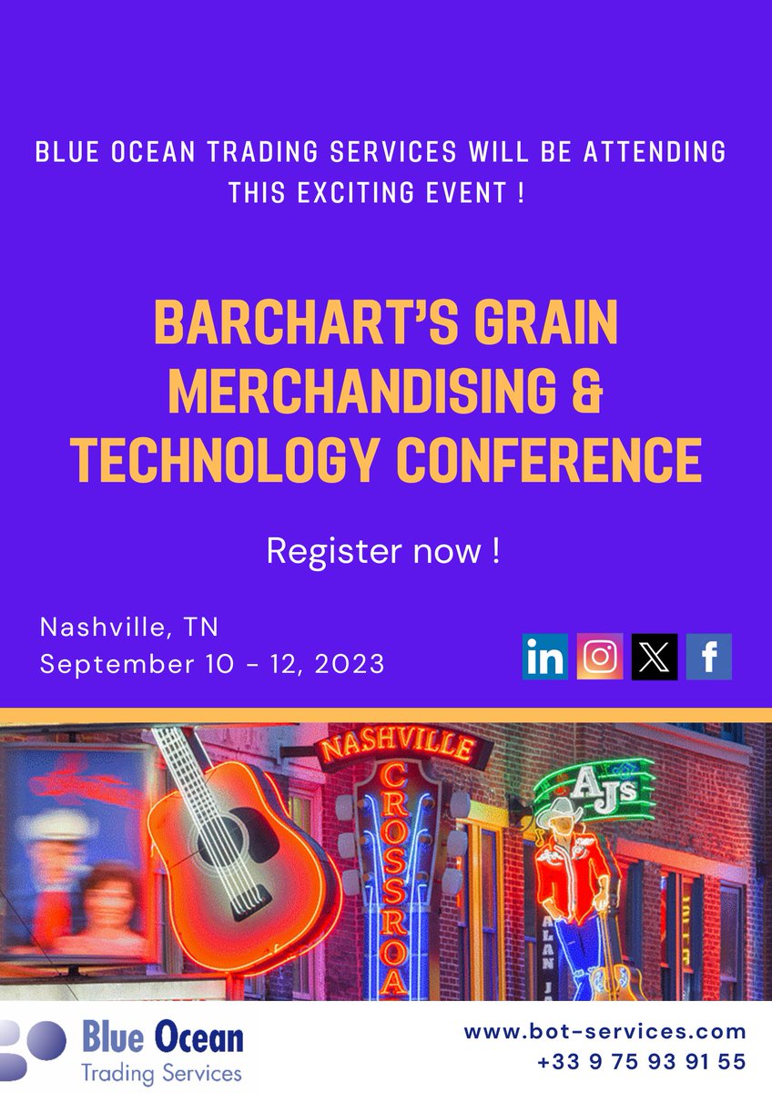 BlueOceanTS's tweet image. Blue Ocean Trading Services will be in Nashville next week for the Barchart’s Grain Merchandising &amp;amp; Technology Conference !