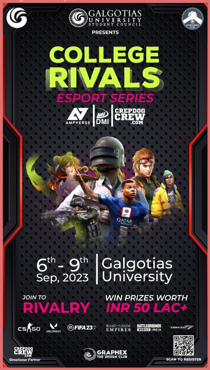 gucouncil's tweet photo. 🎮Calling all Galgotias gamers!
Join College Rivals: Unleash Your Inner
Gamer- A 3-day fest with on-campus Gaming, DJ Beats, Challenges, Open Mic, and more! 
📅 Sept 6-8-9, 2023 
Plus, an Epic E-Sports Tournament!🏅
REGISTER AT
https://t.co/E6XDaux1O1 
@DGalgotia  @GalgotiasGU https://t.co/eyHsGQ0ChF