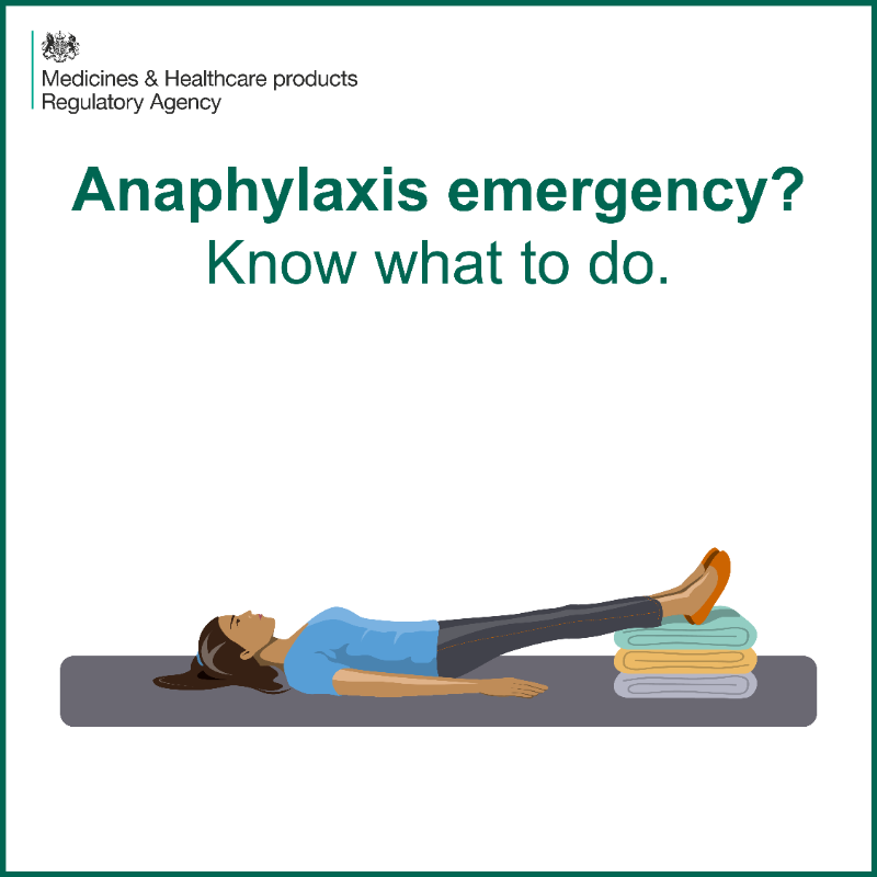 MHRAgovuk's tweet photo. The 4 key steps every uni student should follow in an #anaphylaxis emergency 👉