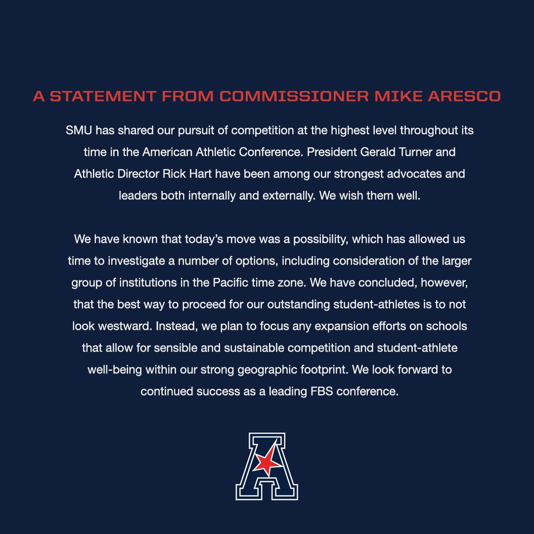 American_Conf's tweet photo. A statement from Commissioner Mike Aresco https://t.co/tKomAfsAdt