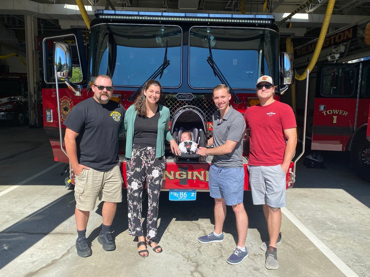 Isabelle Aurelia Gibbons stopped by the station today after being born at home approximately 6 weeks ago. Also pictured are her mother, father, FF Woods Jr, and FF Foley, all of whom assisted with the delivery. #wilmingtonfire