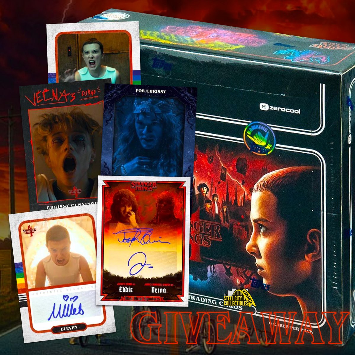 STRANGER THINGS GIVEAWAY 

RETWEET &amp; FOLLOW for your chance to win a 2023 Topps Zerocool Stranger Things Season 4 Hobby Box from Steel City Collectibles!

TAG 2 FRIENDS for a bonus entry!

#Topps #StrangerThings #StrangerThings5