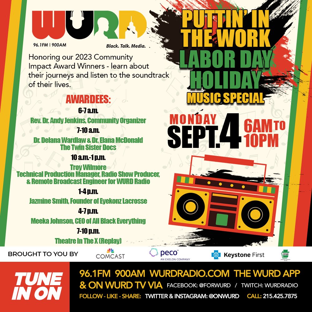 onwurd's tweet photo. This Labor Day, #WURD is celebrating some of the people putting in #TheWork to uplift our community! Tune in on Monday from 6AM-10PM and hear our Community Impact Award recipients share their journeys and groove to the playlist that represents the soundtrack to their lives. 1/🧵 https://t.co/A8l4DpZTzd