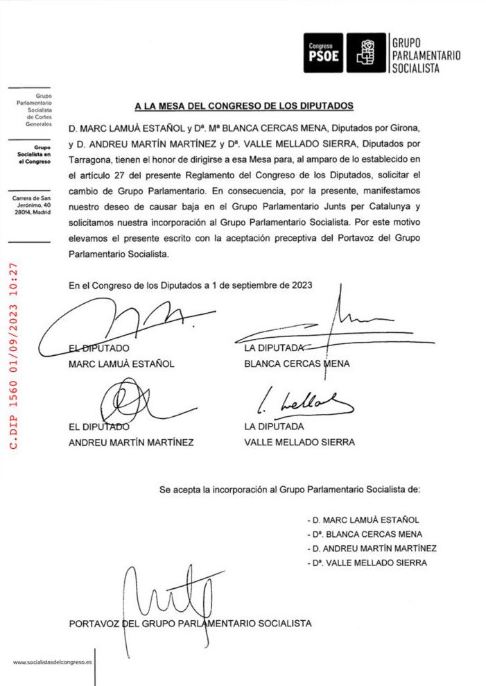 Una prueba más del fraude.

Los diputados del PSC que se pasaron a Junts y entregaron a sus votantes en Tarragona y Girona para que sean grupo parlamentario, vuelven al PSC.

No han esperado ni a Navidad para volver a casa como el almendro.

Seguiremos con nuestra denuncia.