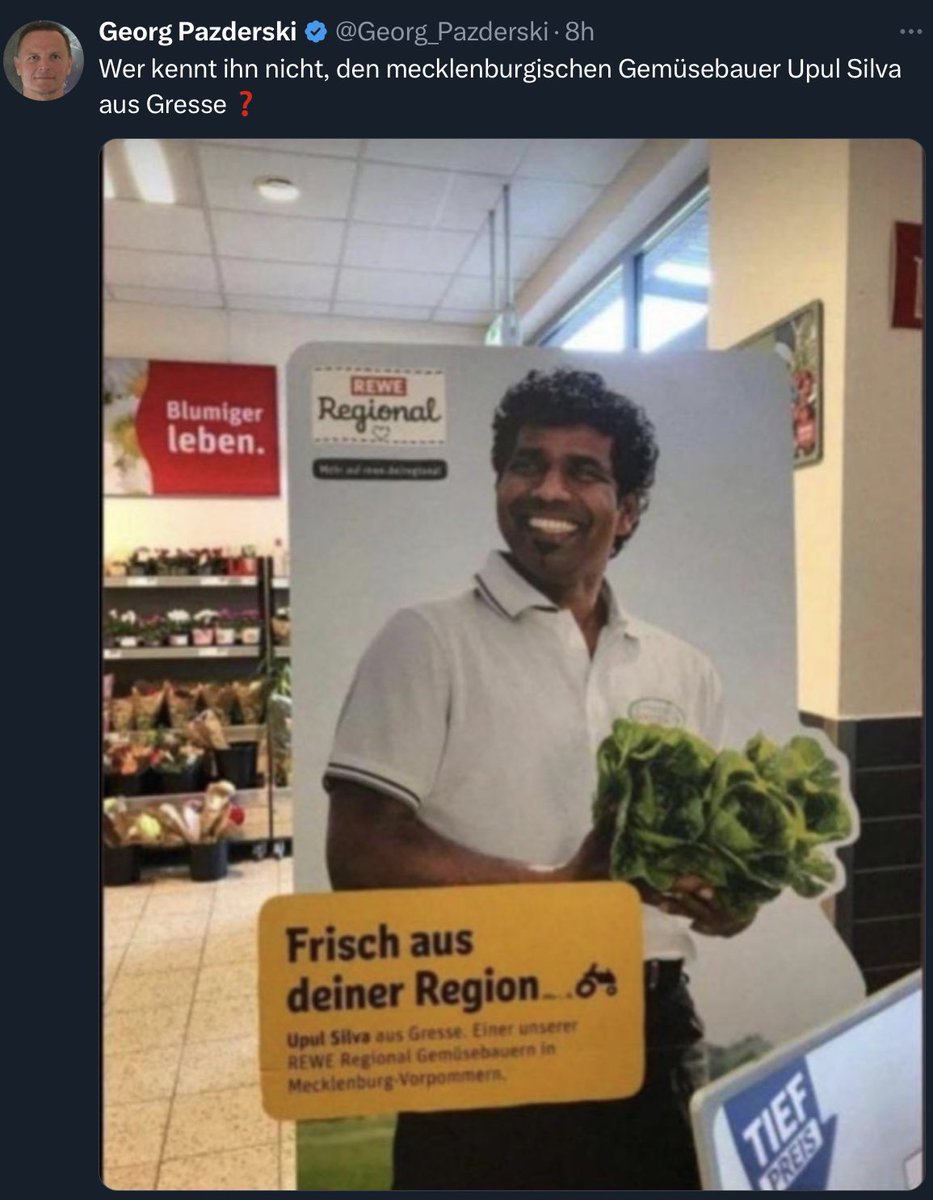 Für den ehemaligen AfD-Fraktionsvorsitzende müssen „echte“ regionale Gemüsebauern Wilhelm oder Franz heißen. Upul Silva steht für tausende fleißiger Menschen aus Pakistan, Syrien und anderen Ländern, die zum Wohlstand in Deutschland beitragen. Gut,dass <a href="/rewe_group/">Rewe Group</a> darauf hinweist