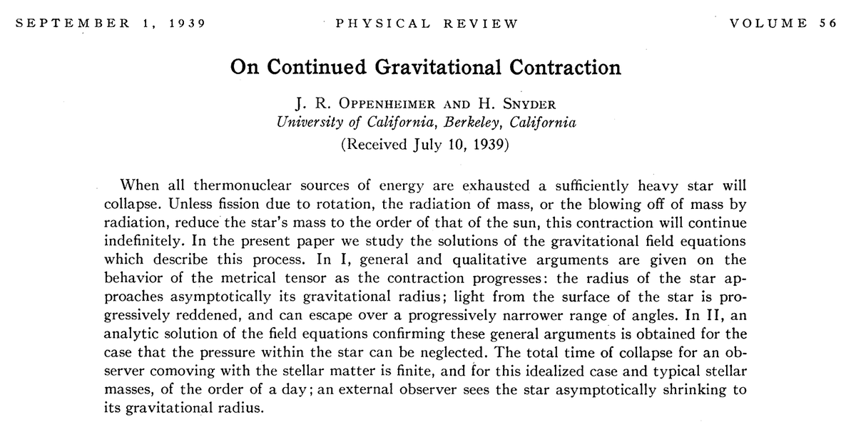 #OTD 1939: J. Robert Oppenheimer and Hartland Snyder published a seminal paper in the Physical Review first describing what we now call black holes. Remarkable in many ways, the paper sank because of two reasons which I will mention later. First, a few brief remarks.