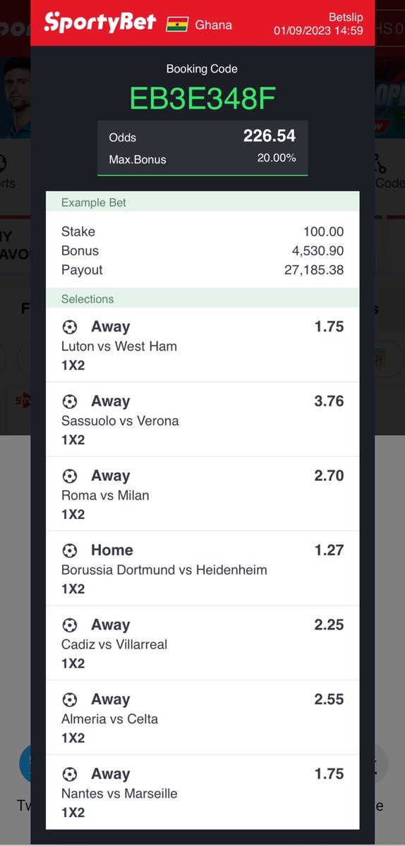 Straight Wins , ACCA. 

Odds: 226.54
Slip: EB3E348F

Win Or Die.