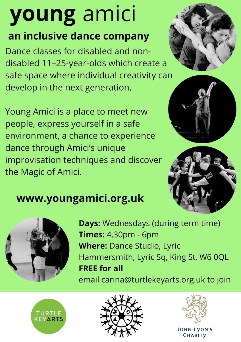 Amici Dance Theatre Company (@amicidtc) on Twitter photo Young Amici is back on the 20th September!
FREE contemporary dance improvisation classes every Wednesday afternoon at the Lyric Hammersmith during term time for 11 - 25 year olds. Inspired by the magic of Amici!
To find out more or to sign up, email
carina@turtlekeyarts.org.uk Young Amici is back on the 20th September!
FREE contemporary dance improvisation classes every Wednesday afternoon at the Lyric Hammersmith during term time for 11 - 25 year olds. Inspired by the magic of Amici!
To find out more or to sign up, email
carina@turtlekeyarts.org.uk