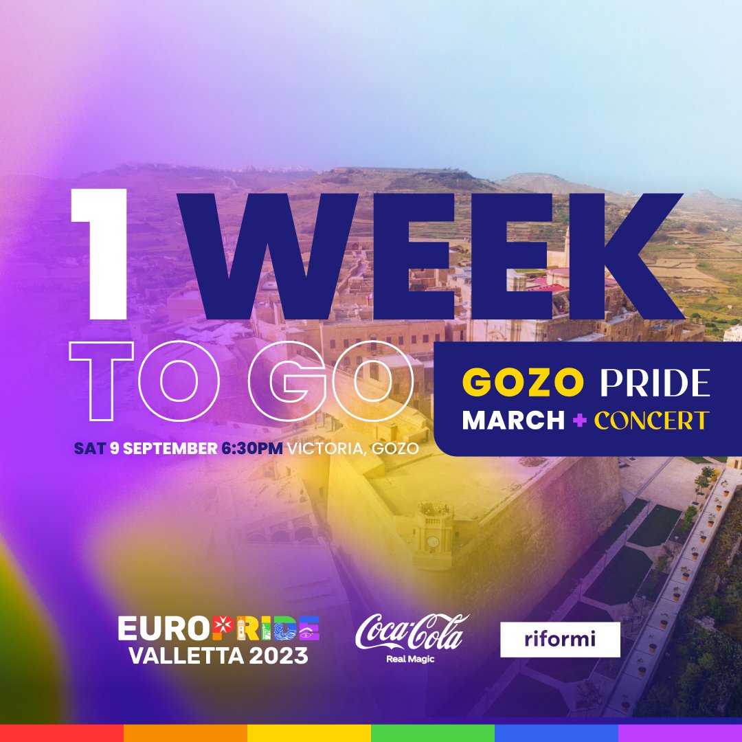 Can't believe we're just ONE WEEK away from the EuroPride 2023 Concert in Victoria, Gozo! Hope you are as EXCITED as we are 🤩✨

#EuroPride2023 #EqualityFromTheHeart #pride #gaymalta