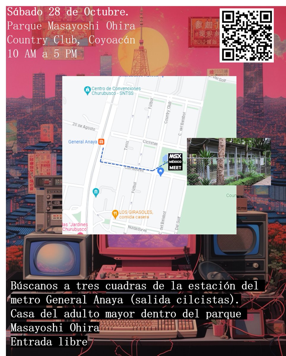 PacoCyborg's tweet photo. Amigos entusiastas del #MSX y del #retrogaming los invitamos al primer MSX México Meet el sábado 28 de Octubre de 2023 en el parque Masayoshi Ohira col. Country Club, Coyoacán, CDMX.  Entrada libre, vengan a conocer, jugar y pasar un buen rato. 10 AM a 5PM. https://t.co/uf8GGxutZJ