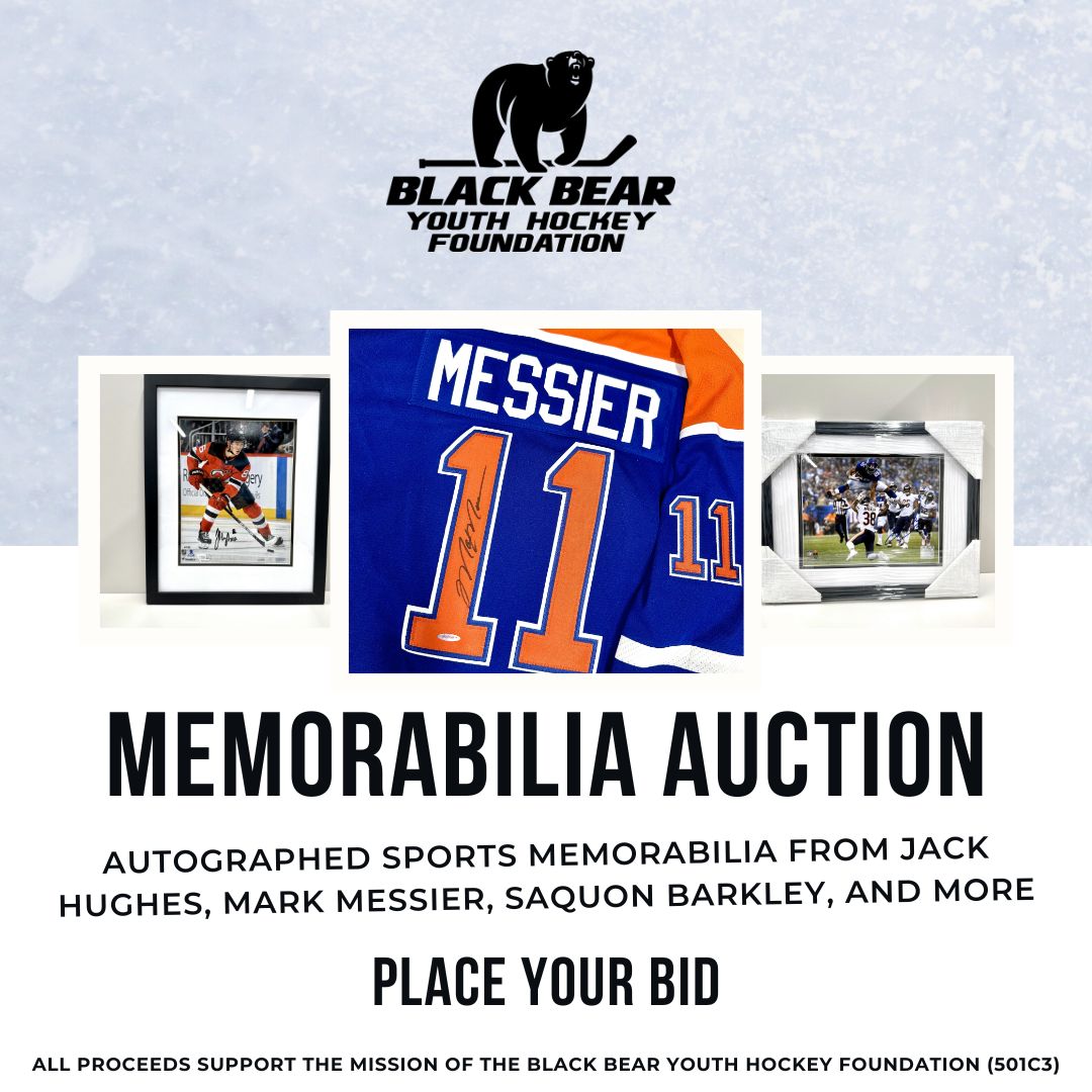 🚨 SPORTS MEMORABILIA AUCTION 🚨

Place your bid on autographed items from Jack Hughes, Mark Messier, Saquon Barkley, and more!!

All proceeds support the mission of the Black Bear Youth Hockey Foundation (501c3)
fans.winwithdash.com/event/64f0bc88…