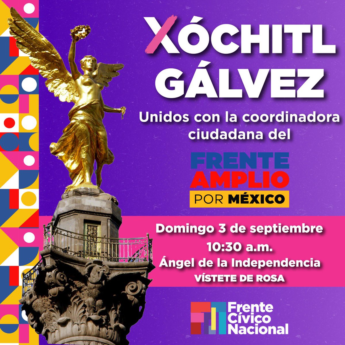 ¡Vamos en unidad con Xóchitl! 
Vístete de rosa 👚
🗓️ Domingo 3 de sept 
⏰ 10:30 am
📍Ángel de la Independencia
