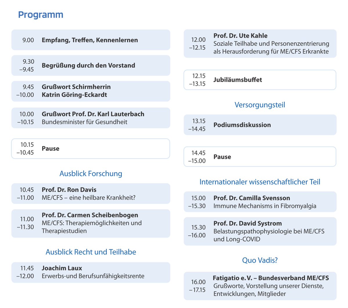 📆 Am 9. September findet die diesjährige #MECFS-Fachtagung des @FatigatioeV statt. Von Schirmherrin @GoeringEckardt und @Karl_Lauterbach wird es jeweils ein Grußwort geben. Zu den Referent*innen zählen u. a. @C_Scheibenbogen und Ron Davis. 👇 fatigatio.de/wir-fuer-sie/t…