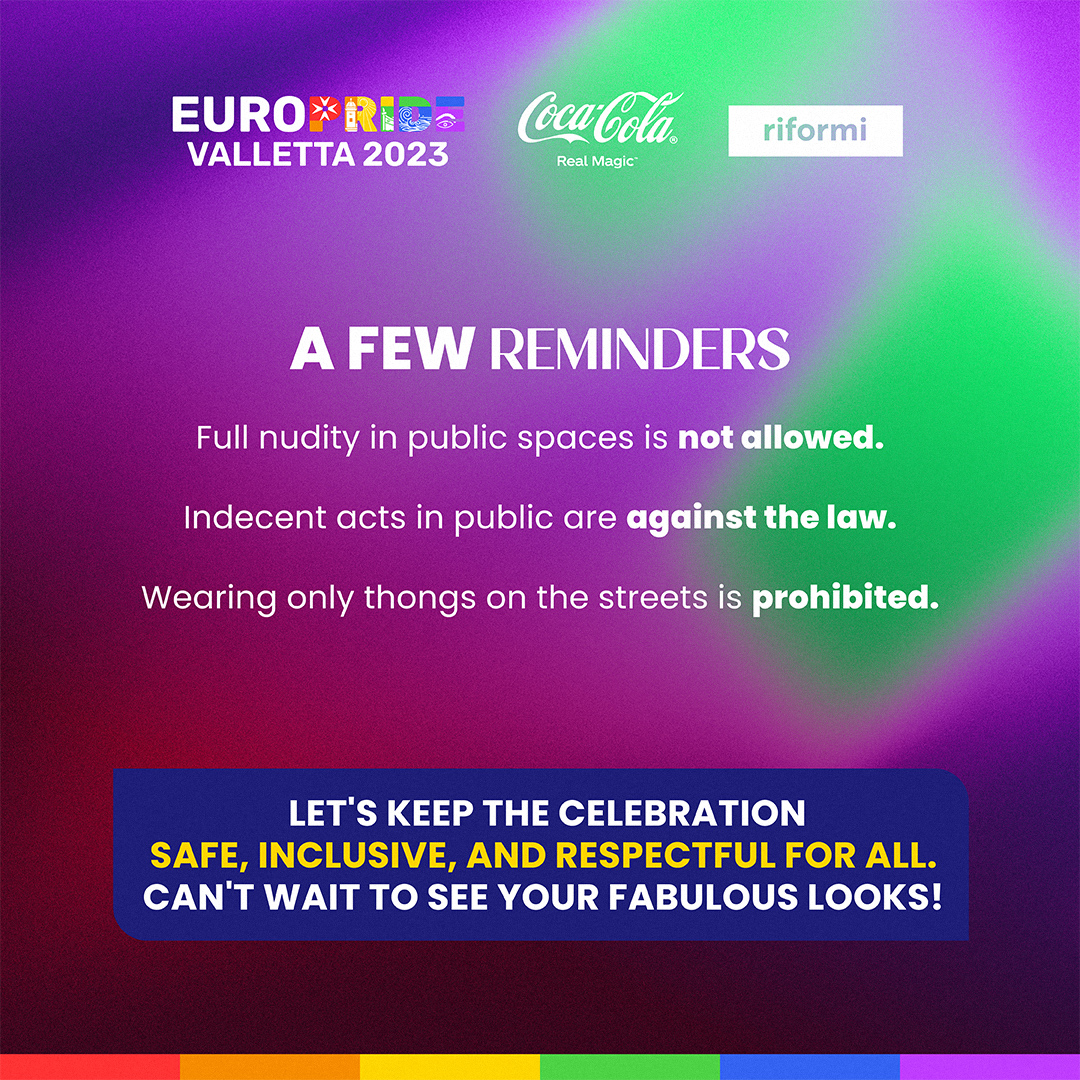 Embrace your individuality and dress to feel confident at EuroPride! There are no strict dress codes, so let your unique style shine.

Just remember to steer clear of the following 👉#EuroPride2023 #EqualityFromTheHeart #pride #gaymalta