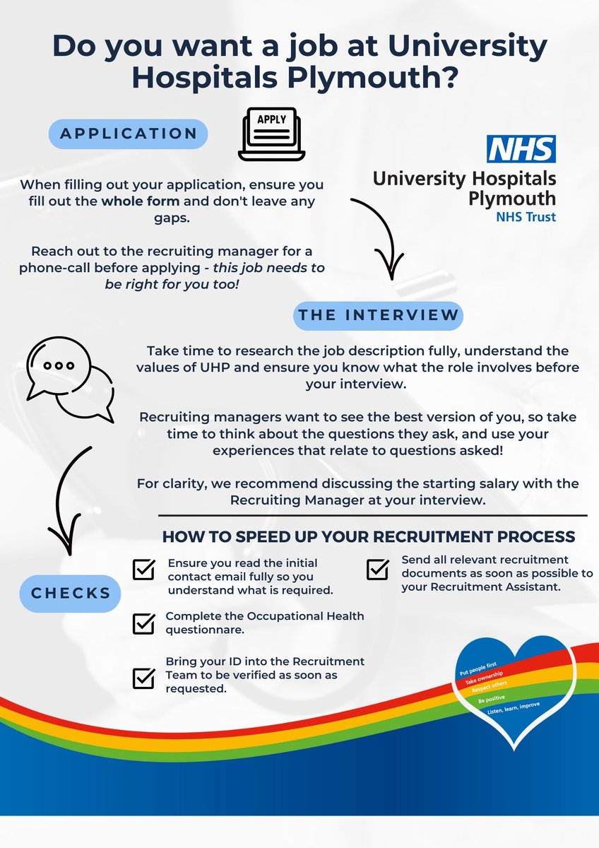 UHP Derriford Recruitment (@derrifordjobs) on Twitter photo We understand that applying for a job, and following through the process, can be quite a minefield. π€―
So, we want to break down the process at <a href="/UHP_NHS/">University Hospitals Plymouth NHS Trust</a> and offer some top tips too.
Want to know more about the recruitment process? Email us on plh-tr.recruitmentcomms@nhs.net. We understand that applying for a job, and following through the process, can be quite a minefield. π€―
So, we want to break down the process at <a href="/UHP_NHS/">University Hospitals Plymouth NHS Trust</a> and offer some top tips too.
Want to know more about the recruitment process? Email us on plh-tr.recruitmentcomms@nhs.net.