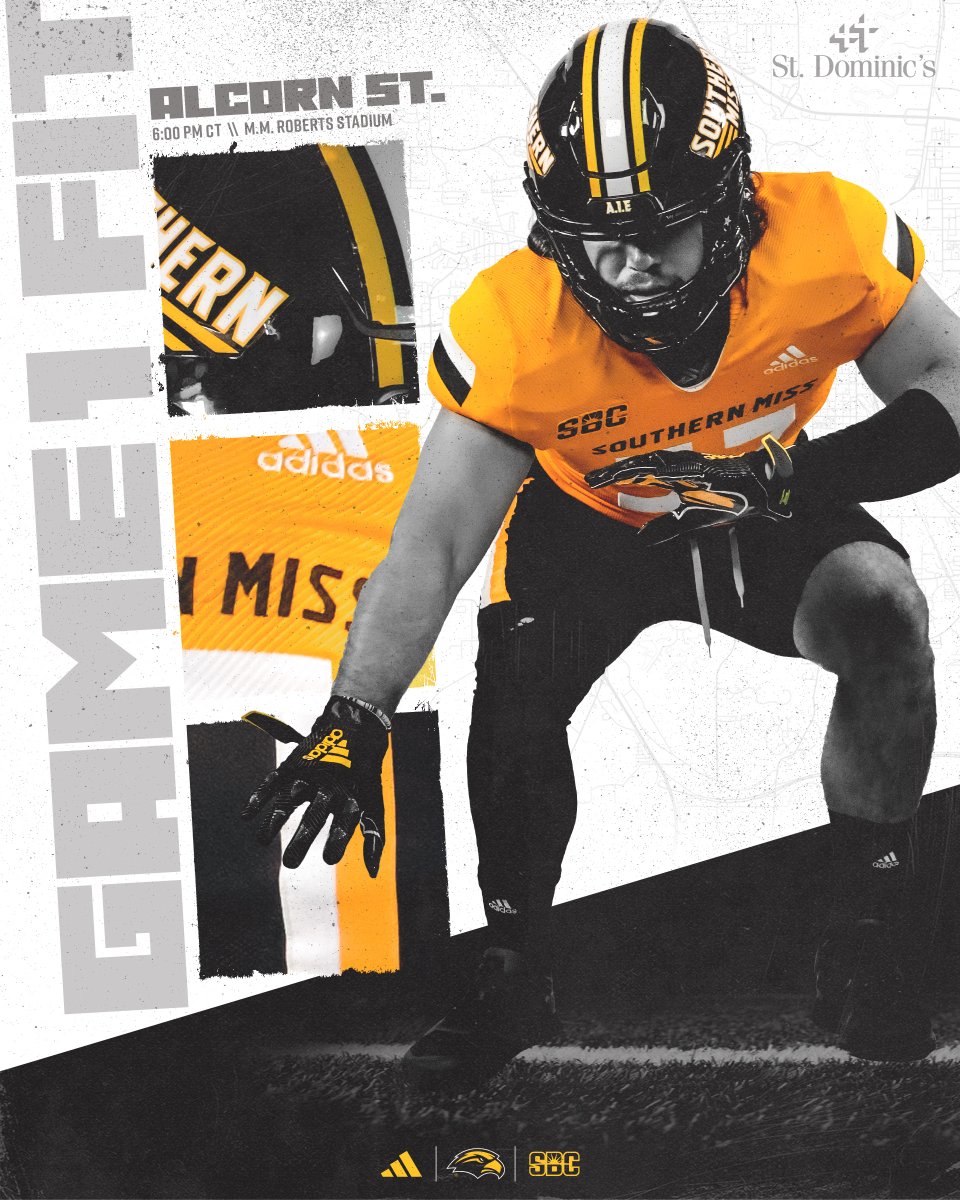 SouthernMissFB's tweet photo. Game 1⃣ look is in 🫡

Black. Gold. Black. 

@StDomHospital | #SMTTT https://t.co/q7XfX2ByV8