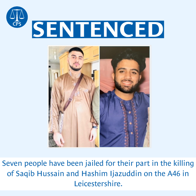 CPSUK's tweet photo. ⚖️ Ansreen Bukhari (46), her daughter Mahek Bukhari (24) - a TikTok 'influencer' - and five others have been sentenced for their involvement in the murder of of two men, Saqib Hussain and Hashim Ijazuddin, both 21, on the A46 in Leicestershire.