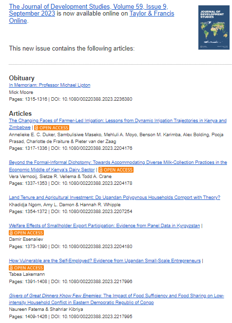 Our 9⃣th [Sept] issue of 2023 is up:

Featuring  8⃣ articles &amp; 3⃣ book reviews on agriculture, entrepreneurship, food security, survey methods, UBI &amp; more!

🇰🇪🇿🇼🇰🇪🇺🇬🇰🇬🇺🇬🇨🇩🇧🇷🇨🇱🇷🇺🇿🇦

Take a peak 👉🏾 tandfonline.com/toc/fjds20/59/9