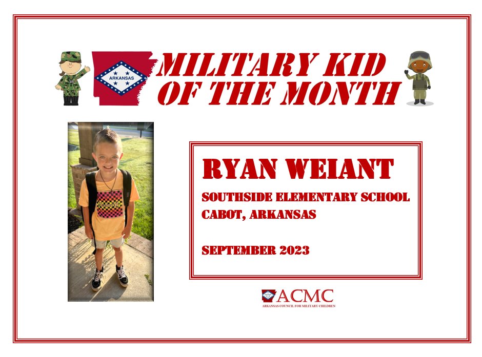 We're thrilled to announce our #MilitaryKidOfTheMonth for September! Ryan Weiant is a 2nd grader at Southside Elementary School in @cabotsd. Ryan's dad is USAF TSgt Robert Weiant. Ryan's counselor says he is a star student and a leader to his classmates. Congrats, Ryan!