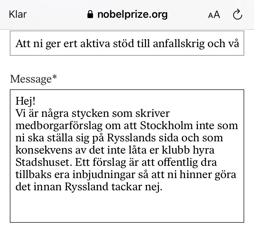 FilosofenNils's tweet photo. Hit kan man skicka eventuell konstruktiv kritik om Nobelstiftelsen om man vill. Enkelt formulär. Ta fram din inre poet! Ett utkast och förslag nedan. https://t.co/vdpznBuA9s https://t.co/UJwrcpgFjY