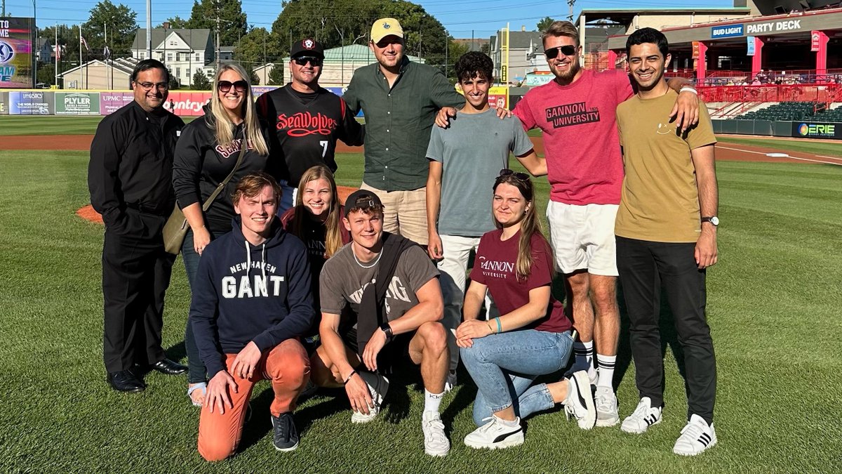GannonUGlobal's tweet photo. Always grateful for the hospitality shown by the @erie_seawolves! This semester's incoming exchange students enjoyed the exciting win last night and had the opportunity to meet manager Gabe Alvarez on the field before the game AND run the bases afterwards! #GannonUGlobal https://t.co/vpnWHrzkPU