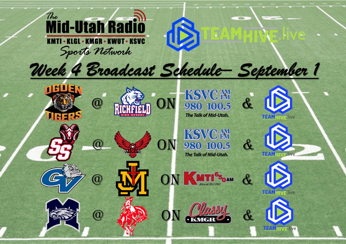 It's Gameday for Week 4 of the Utah High School Football Season! Don't miss the action:
📻 Mid-Utah Radio Sports Network
💻 <a href="/TeamHive_Live/">TeamHive</a> at teamhive.live
📺 <a href="/CentralUtahTV/">CentraCom Local 10 TV</a>