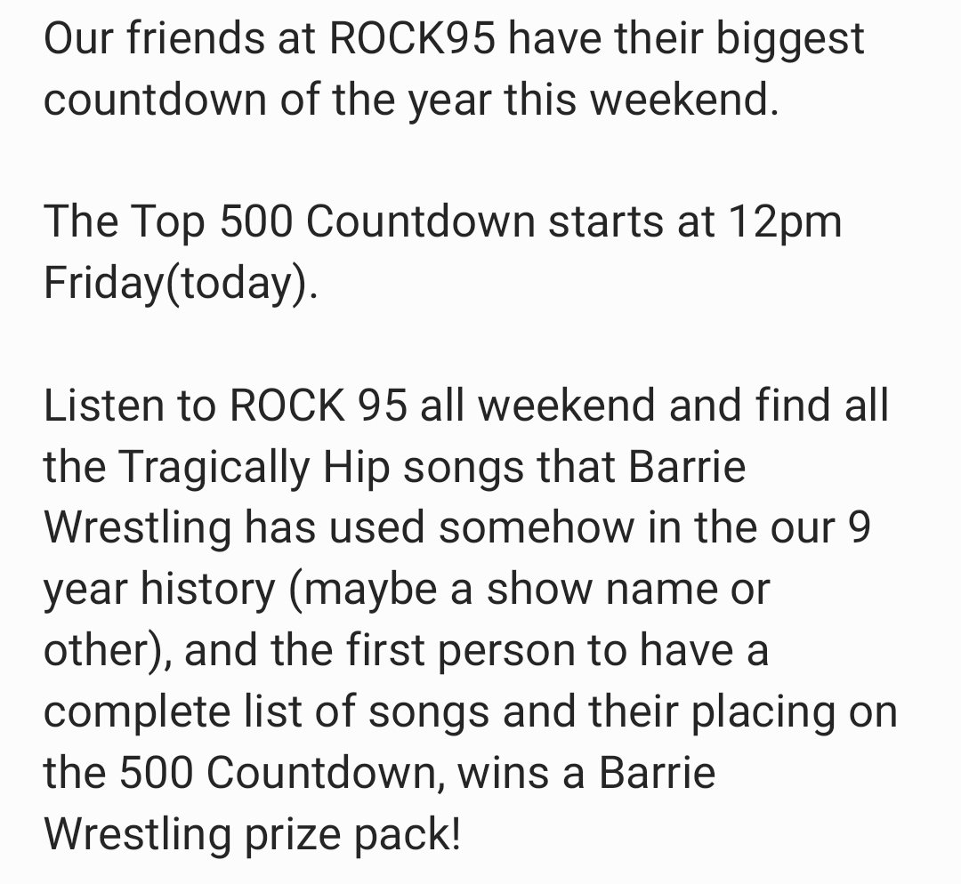 BarrieWrestling's tweet photo. CONTEST!!!
#BarrieWrestling
#ROCK95
#Barrie
#TragicallyHip https://t.co/e8EW1vx3eG