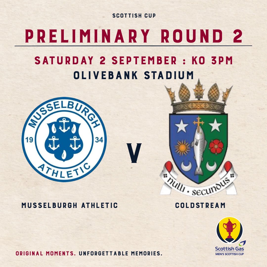 TOMORROW’S MATCH, THE BIG ONE! 🏴󠁧󠁢󠁳󠁣󠁴󠁿🏆

🗓️ Saturday 2nd of September 
🆚 Coldstream
📍 Olivebank Stadium
🏆 Scottish Cup Preliminary Round 2
⌚️ 3pm Kick Off
🎟 £8/£4/ 12-16 £2/ U16’s FREE with paying adult
🎫 Season tickets not accepted

Get out and support your local club! 🔵⚪️