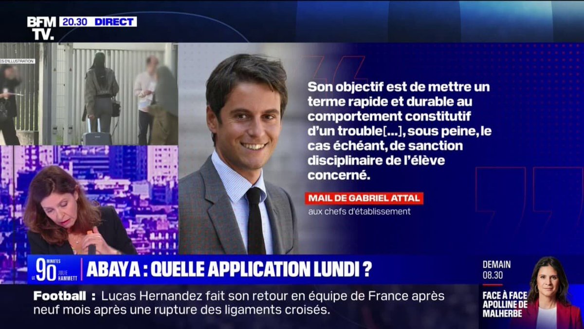 Le vêtement non religieux appelé #abaya concerne 0,25% des établissements scolaires de ce pays.

Aujourd'hui, lors de l'immense majorité des pré-rentrées collèges/lycées, la directive de M. Attal n'a même pas été lue.

Mais ces 0,25% d'établissements ont occupé 80% de temps