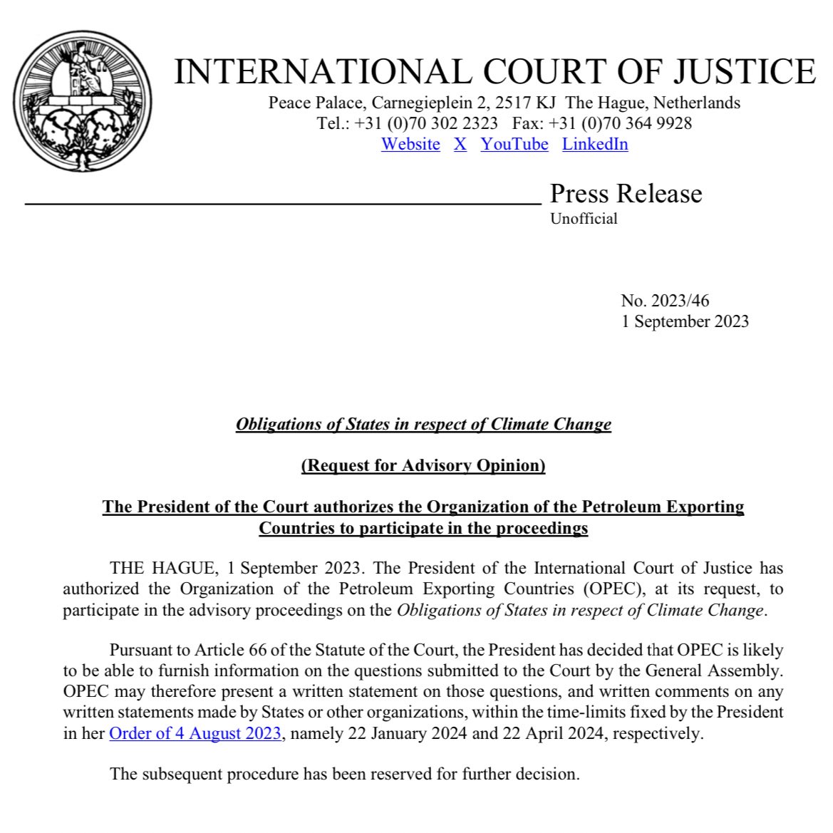 Interesting development in the #ICJAO4Climate case. OPEC has requested to participate in the proceedings and has duly been authorized to do so. Thoughts?