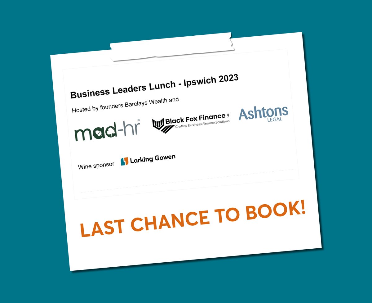 LAST CHANCE to book your place at our upcoming Business Leaders Lunch on Thursday, 7 September! Hear insights from ITFC CEO Mark Ashton, and network with peers from the local business community in Ipswich. Book now! bit.ly/47X7vPh <a href="/blackfoxfinance/">Justin Nevison Grainger</a> <a href="/AshtonsLegal/">Ashtons Legal LLP</a> #Barclays