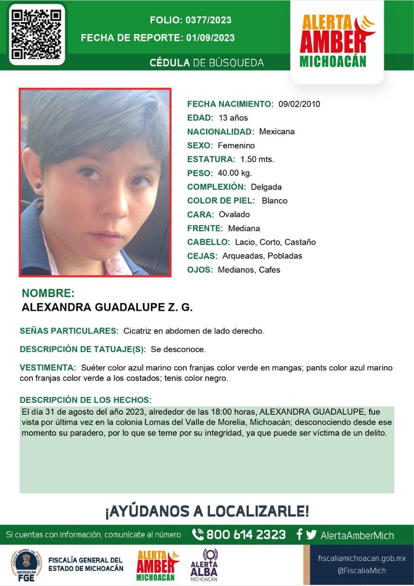 Solicitamos su apoyo para la búsqueda y localización de ALEXANDRA GUADALUPE Z.G. de 13 años de edad. #AlertaAmberMx #AlertaAmberMich #FGEMich @botDesaparecidx