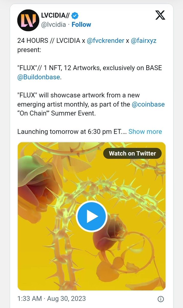 Soheil_SBabaei's tweet photo. Digital artist #Fvckrender, in collaboration with #LVCIDIA and https://t.co/doe4PjrRD5, is introducing an evolving #NFT, called #FLUX, which will be exclusively available on the #Base blockchain as part of #Coinbase’s “#OnChainSummer” event, beginning #August30 for 48 hours. https://t.co/8dWgL8XHja