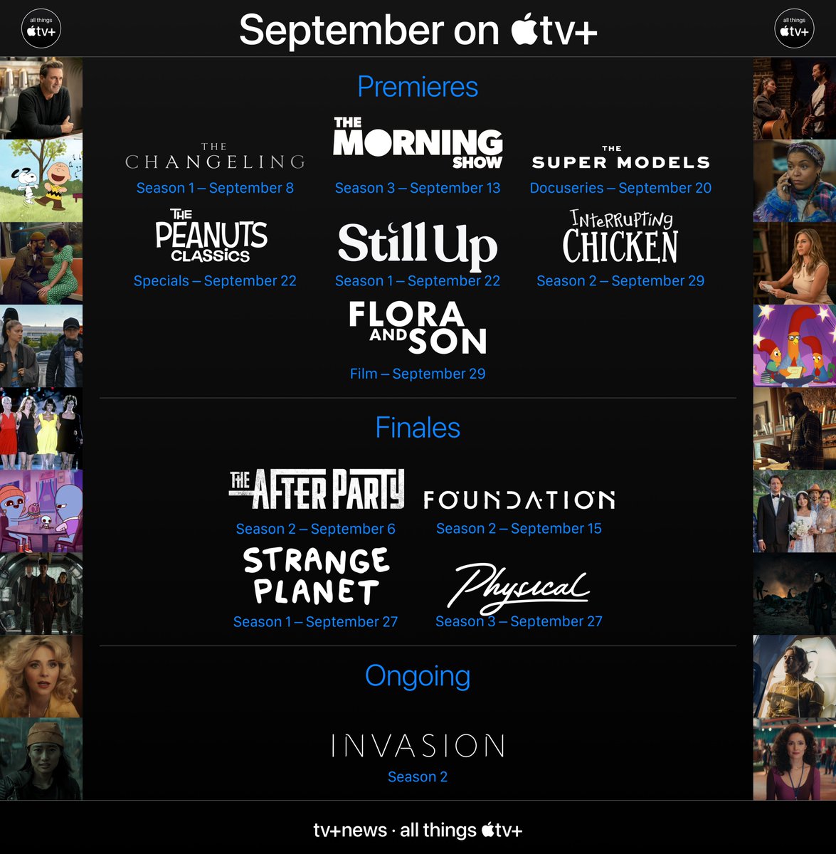 September on #AppleTVPlus:

Premieres:
#TheChangeling, #TheMorningShow S3, #TheSuperModels, #StillUp, #InterruptingChicken S2, #FloraAndSon & more

Finales:
#TheAfterparty S2, #Foundation S2, #StrangePlanet & #Physical S3

Ongoing:
#Invasion S2

What are you most excited for?