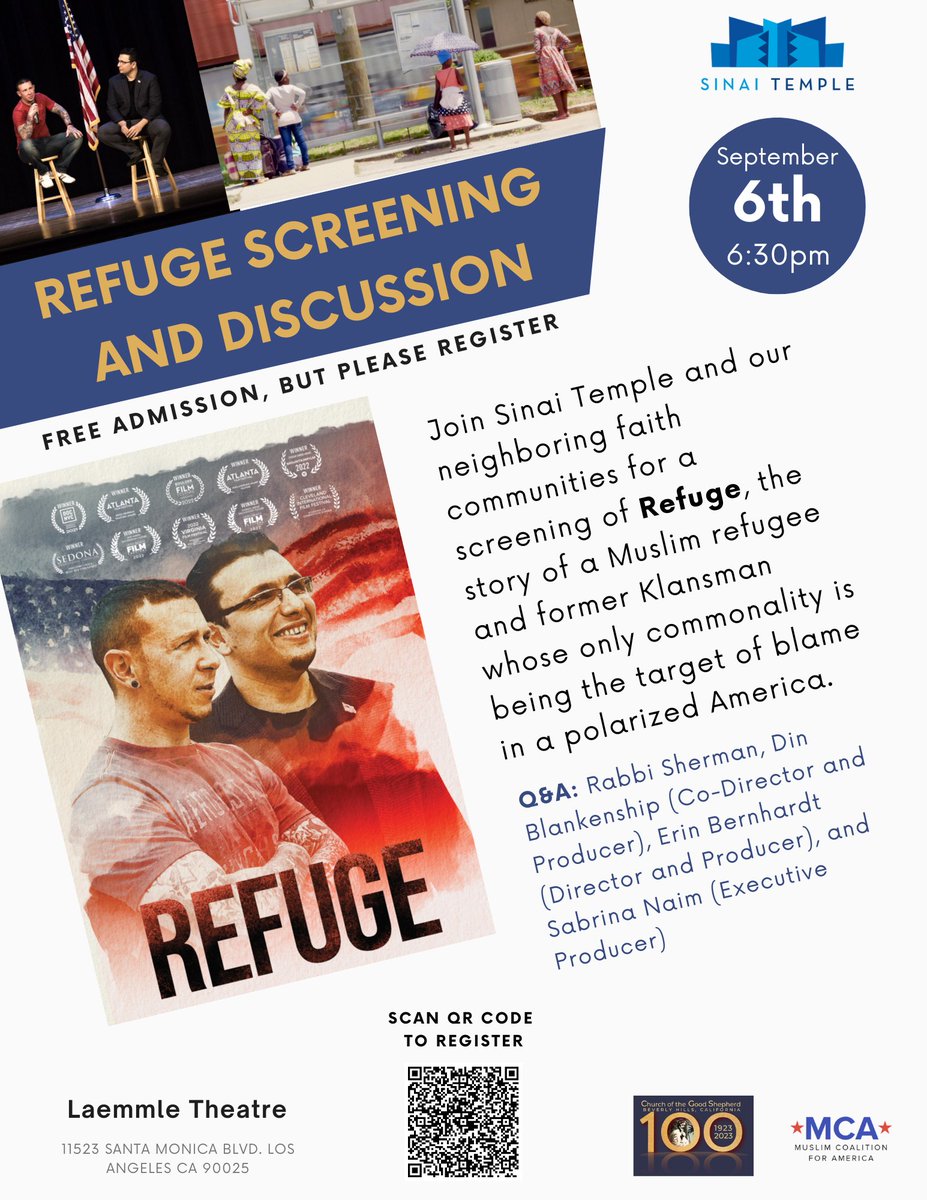 MCAunites's tweet photo. We are proud to sponsor and partner with @SinaiTemple &amp; our neighboring faith communities for the screening of Refuge, the story of a Muslim refugee and a former Klansman in a polarized America.

Q&amp;A following the movie including the film's Director, Producer &amp; @RabbiESherman https://t.co/ovfdJysuto