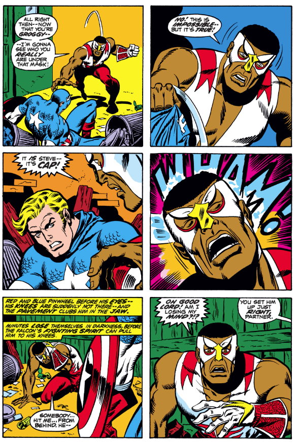 MarvelADay's tweet photo. #Cap153 #MarvelADay Falcon unmasks "Cap" and sees Steve Rogers? Why did he skip out on his vacation with Sharon to hassle black folks? But then somebody sucker punches Sam! Could it be Sharon?? PMB https://t.co/BNgvIihMSG