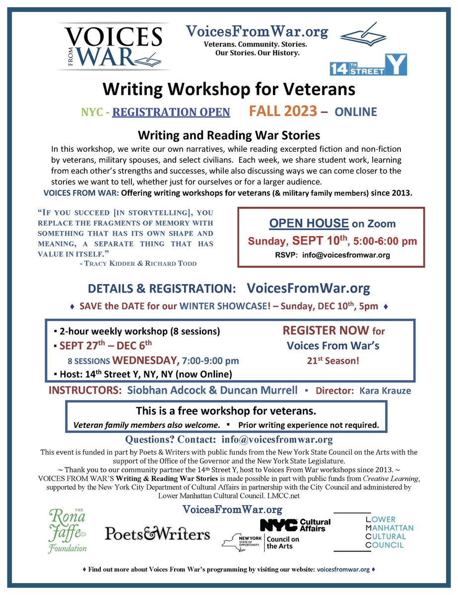 voicesfromwar's tweet photo. Join @voicesfromwar for a workshop finale this FALL! 
REGISTRATION Open &amp; Our Fall OPEN HOUSE - SUNDAY, SEPT 10 - https://t.co/aJk3BwR4ac ! w/ @dv_murrell @siobhanster @KaraKrauze 
#veterans #writing #MoreVoices https://t.co/8dOhu76qZl