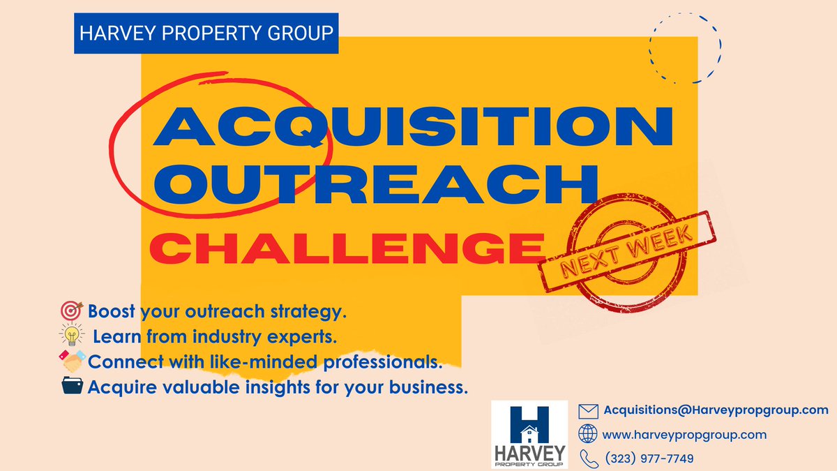 GrpHarvey's tweet photo. 🔥Join Our Next Week Acquisition Outreach Challenge! 📢👀 To secure your spot send a DM📩. 
🏃Hurry, as spaces are limited, and you won't want to miss out on this exciting event!
#Harveypropertygroup #AcquisitionChallenge #Networking #RealEstatewholesaling #Investor #Realest https://t.co/mKisfNhCOn
