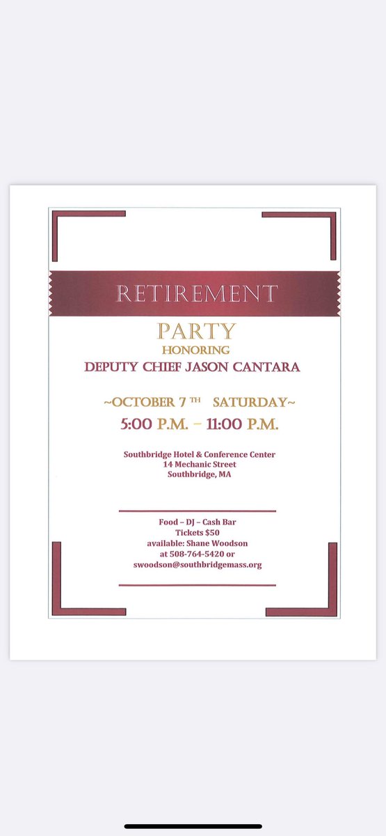 n_cant17's tweet photo. Announcing the Retirement Party for Charlton Deputy Fire Chief Jason Cantara. Please find event info below. Tickets can be purchased in person from me, Chief Woodson Southbridge PD, Chief Ed Knopf Charlton Fire or via my Venmo. 774-402-4301 Any questions please reach out. https://t.co/9qgLS20p2c