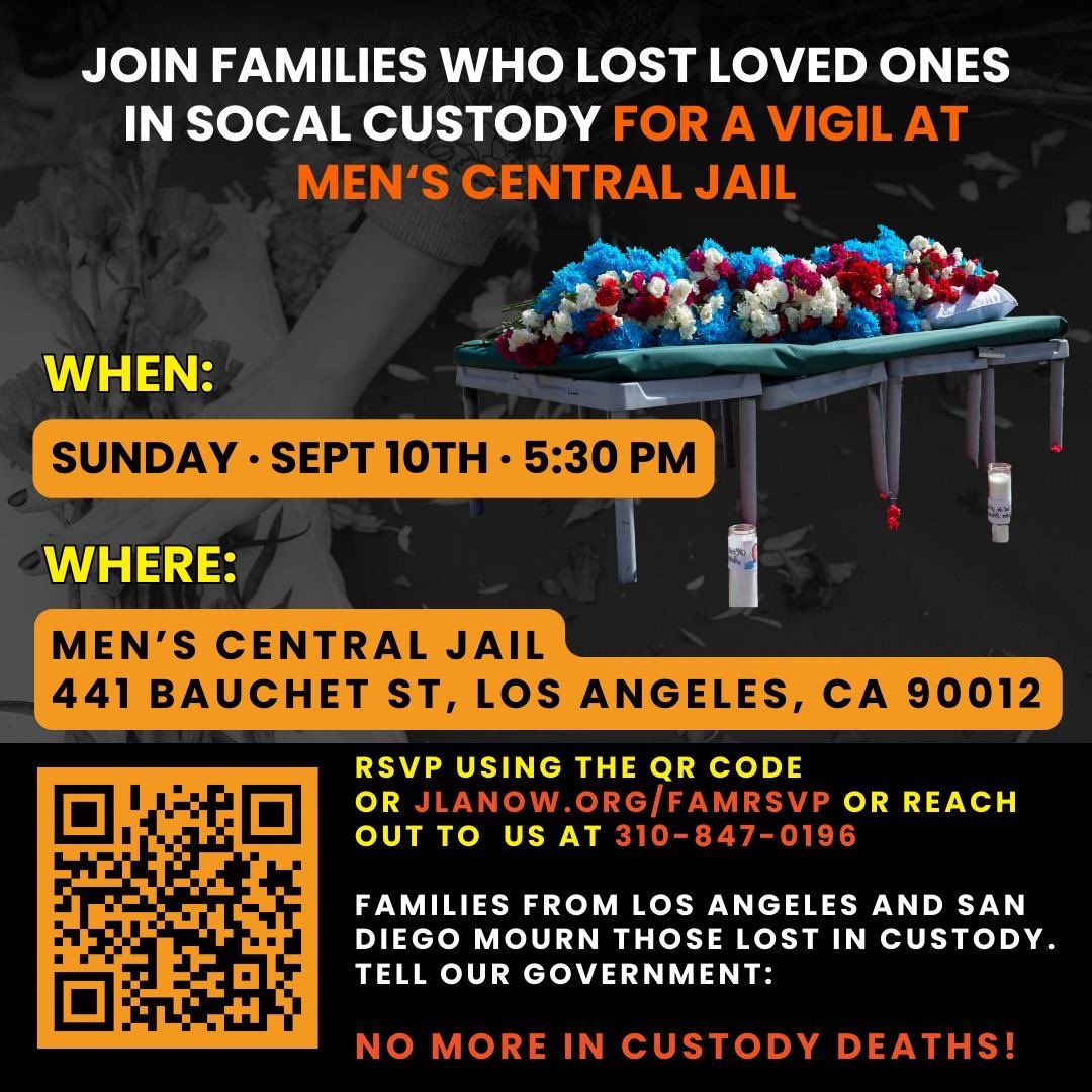 JusticeLANow's tweet photo. 🚨 This is an emergency🚨 Join families who have lost loved ones in LASD custody.

📌September 10th, 5:30pm - Vigil with families at Men’s Central Jail 

📌September 12th, 8:30am- Press Conference and Public Comment @ LA County Board of Supervisors 

RSVP: https://t.co/EEL02Ljyry https://t.co/J2QSR5cJwI