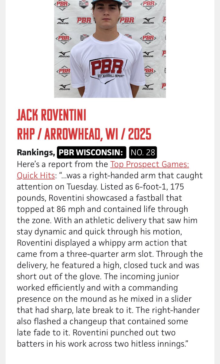 jack_roventini4's tweet photo. Thank you @PBRWisconsin for the write up, proud to be ranked number 28 in the state and 7th in RHP’s! @MidwestHalos @DiamondWarhawks https://t.co/oSw0GjAIU6
