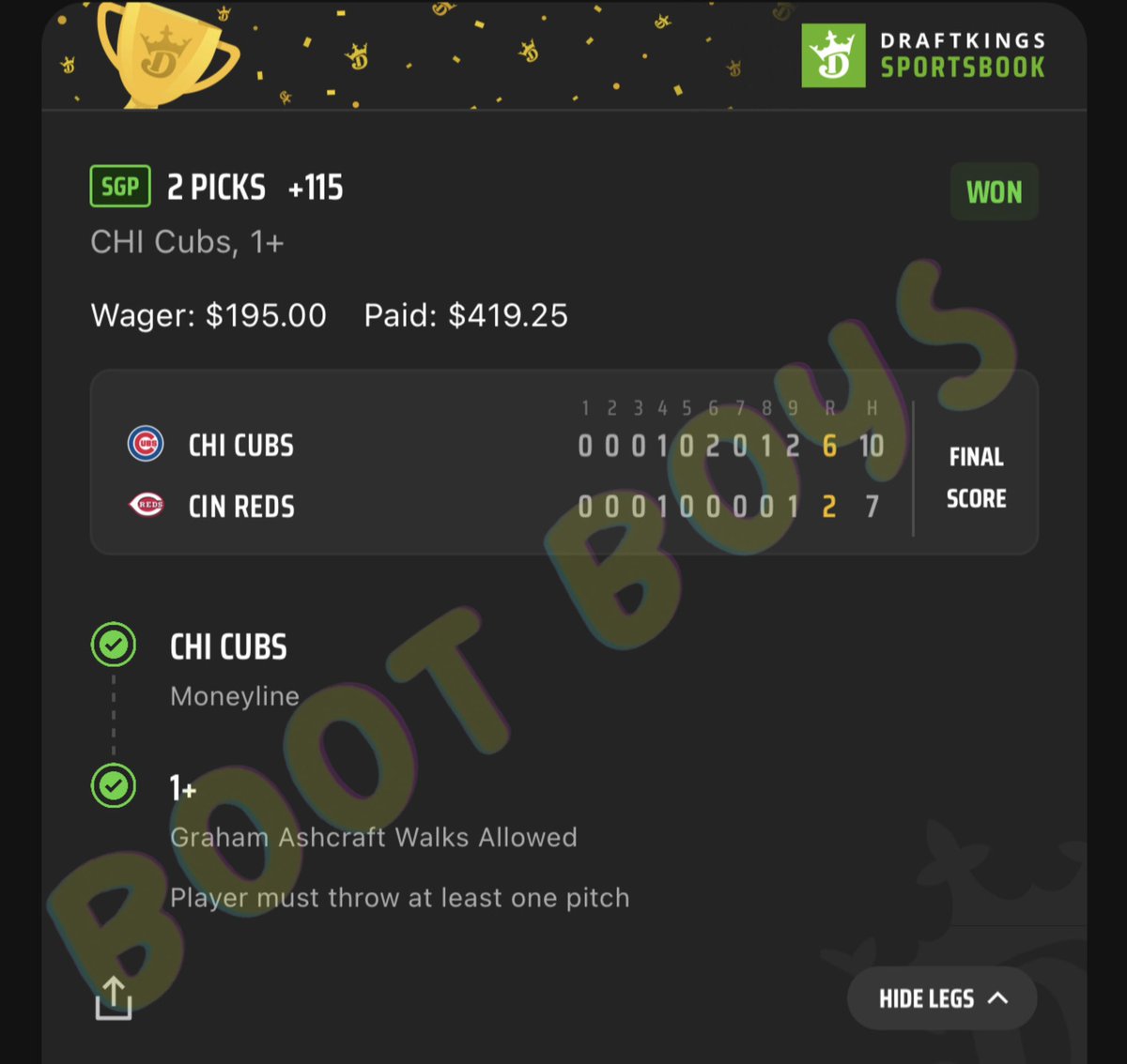 bootboyspicks's tweet image. 🔥🔥Sweat-Free Cubs Builder🔥🔥

Always good to start the day making a little change💰💰

We’ll be back later with some bangers💥

#GamblingTwitter #sportsbetting #MLB
#Cubs #bootboys